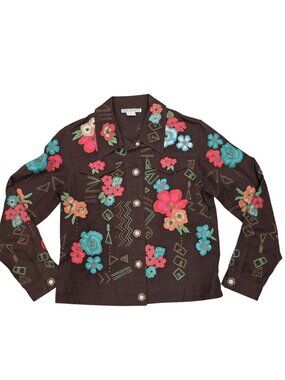 Ann Trinity Floral Embroidered Brown Jacket  Button-Front Style Size Small fall